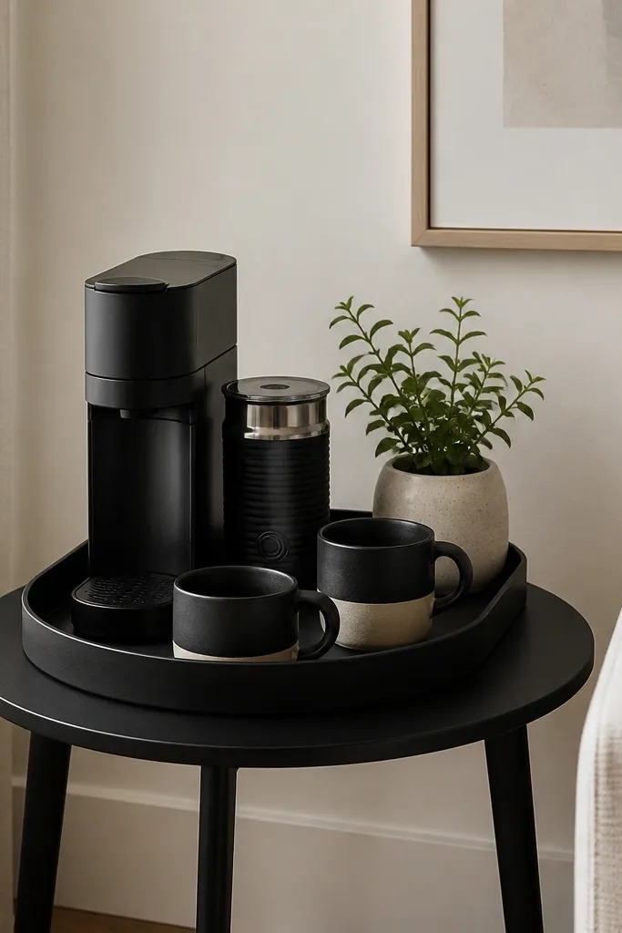 A small round side table with a matte black finish. On top is a matte black tray holding a slim coffee maker, a milk frother, and two black-and-cream mugs. A small plant in a ceramic pot sits at the back corner. The wall behind is off-white with a simple art frame.
