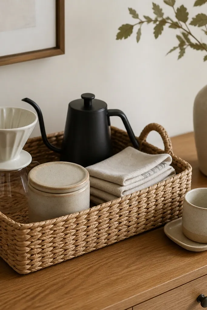 A seagrass basket set on a dresser top. Inside the basket are a pour-over dripper, a small kettle, and neatly folded cloth napkins. A single sealed ceramic canister sits at the front edge of the basket. Two mugs sit beside the basket on a small tray. Color palette is warm cream, tan, and black accents.