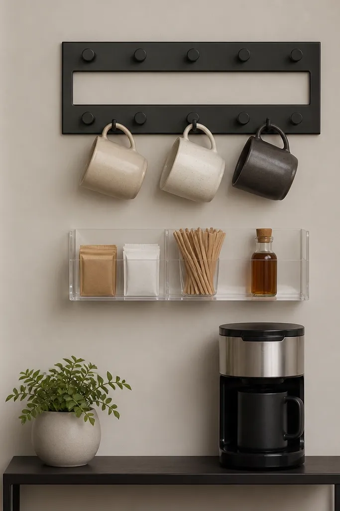 A wall-mounted magnetic cup rail with two rows of hooks holds three mugs. Below it, a clear acrylic organizer contains sugar packets, stir sticks, and a small bottle of vanilla. A compact coffee maker sits on a narrow table beneath, and the organizer is aligned with the rail.