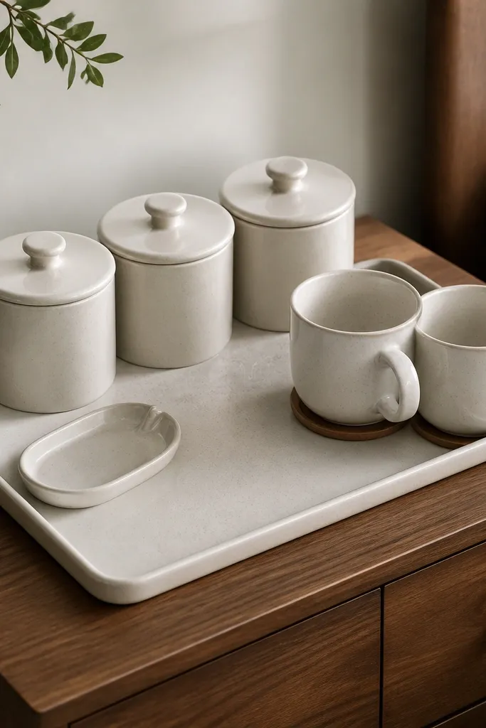 A large rectangular wipeable tray on a nightstand. On the tray is a matching set of three ceramic canisters with lids: coffee grounds, sugar, and tea. Two mugs sit on a small coaster set at one corner. A small spoon rest is built into a ceramic dish. The rest of the nightstand is bare.