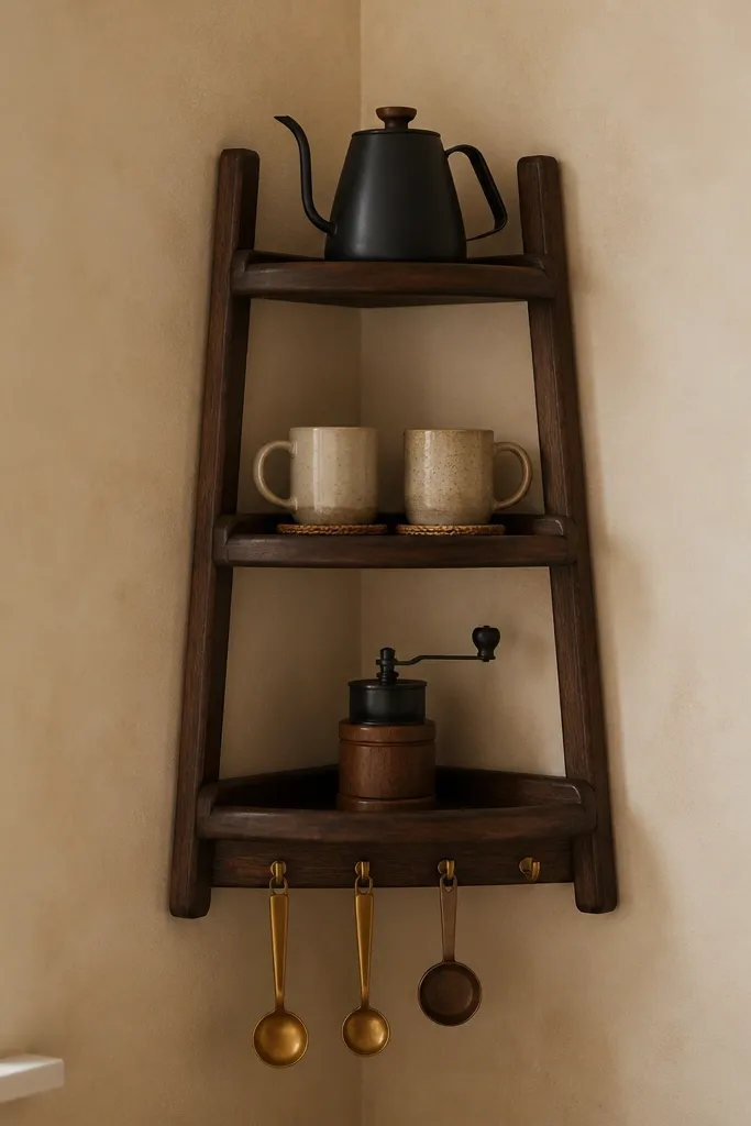 A small wall-mounted tray ladder in the corner. Each rung holds a tray: top tray has a kettle, middle tray has two mugs on a coaster set, bottom tray holds a compact grinder. Small hooks under the ladder hold spoons and a scoop. The wall is a warm beige and the ladder is dark wood.