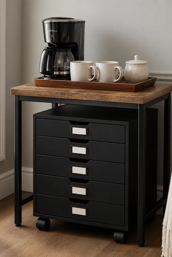 A small side table with open space underneath. A rolling drawer organizer slides in under it. On top sits a small tray with a coffee maker, two cups, and a lidded sugar jar. The rolling drawers are labeled with simple white tags, and the organizer is black.