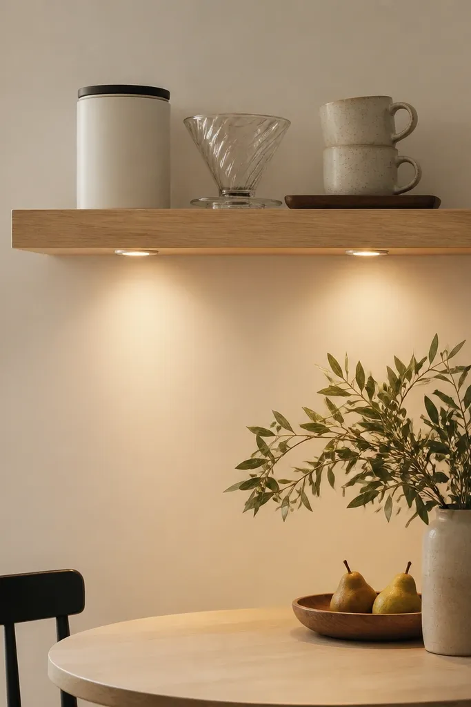 A 24-inch light oak floating shelf mounted above a small dining nook. Under the shelf edge, two warm plug-in puck lights shine down. On the shelf sits a white ceramic canister with a black lid, a small glass pour-over dripper, and two stacked mugs on a narrow tray.
