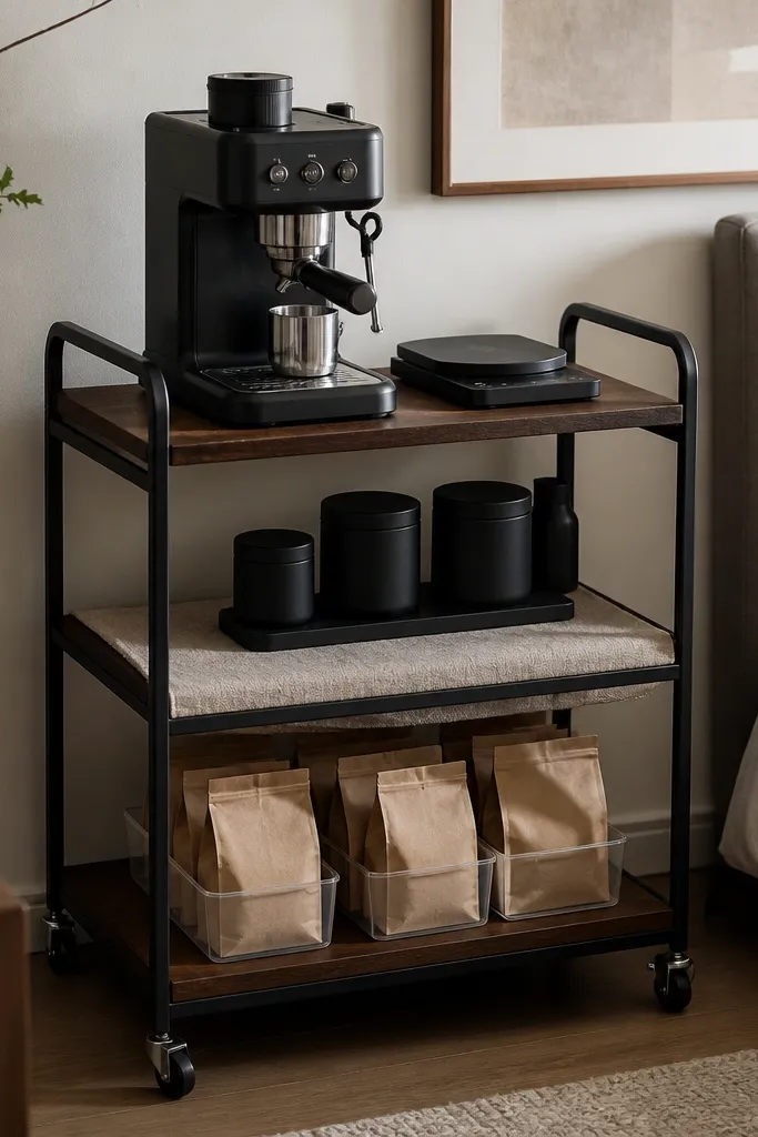 A black metal rolling bar cart with walnut shelves in a bedroom coffee corner. The top shelf holds a small espresso machine and a compact scale. The middle shelf has a matte black canister set and a linen runner. The bottom shelf stores bags in clear bins.