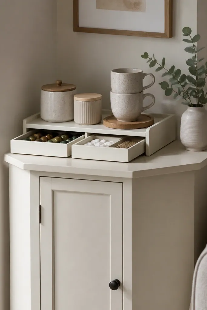A small corner cabinet with a light cream finish. On top sits a narrow tray organizer with two sliding compartments. Inside are coffee pods, a sugar jar, and a small canister. Two stacked mugs sit on a small coaster, with a tiny vase of eucalyptus on the far side.