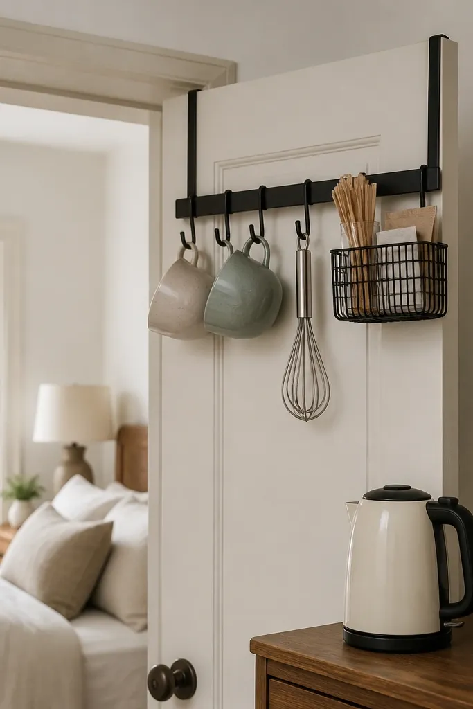 An over-the-door rail mounted inside a bedroom doorway. Several small hooks hold two mugs and a whisk. A small basket attached to the rail holds stirrers and a sugar packet caddy. A compact kettle sits on a nearby nightstand surface.