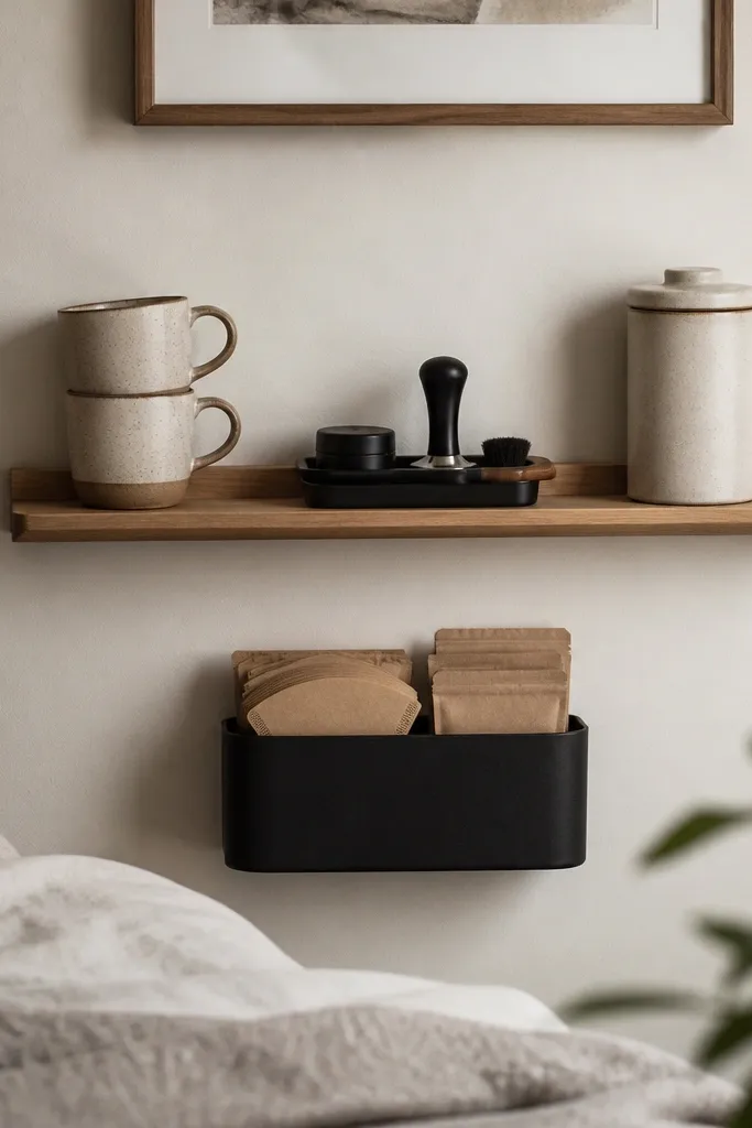 A narrow picture ledge installed on a bedroom wall. A small matte black espresso accessory tray sits in the center. On the right is a tall ceramic canister, and on the left are two stacked mugs. Below the ledge is a slim bin with labeled filter packs.