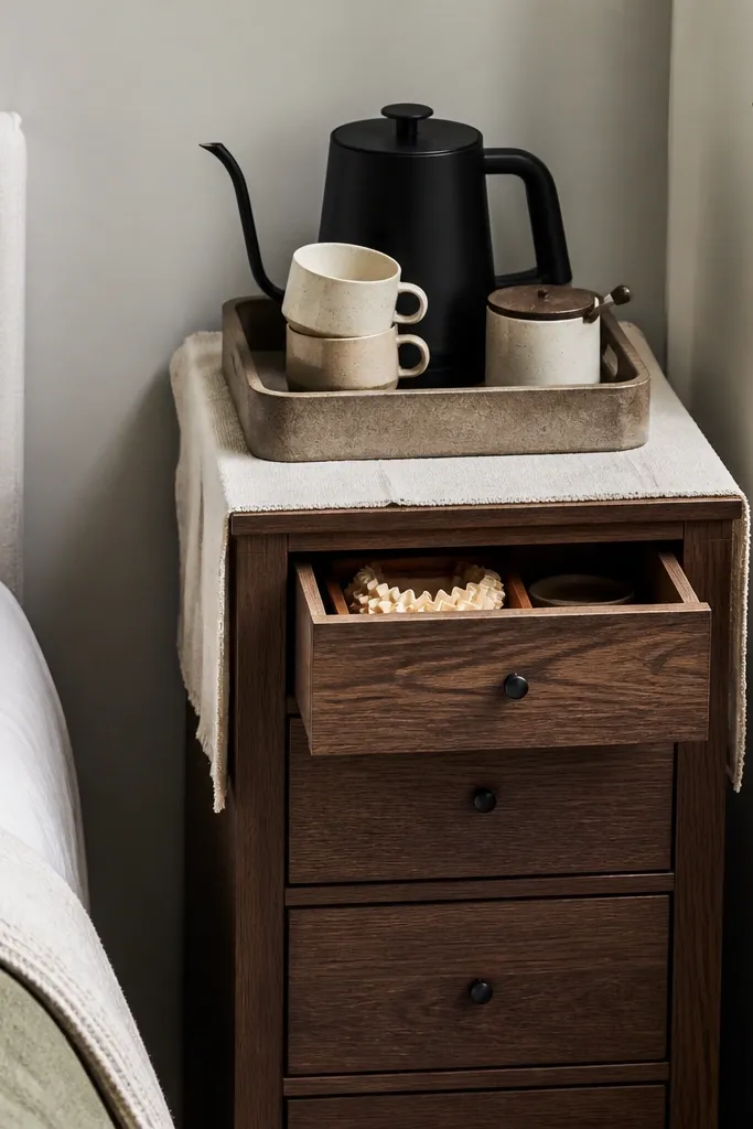 A narrow dresser beside a bed with a linen runner. A large rectangular tray sits on top holding a small kettle, a mug stack, and a small jar for sugar. A compact drawer organizer inside the dresser holds filters.