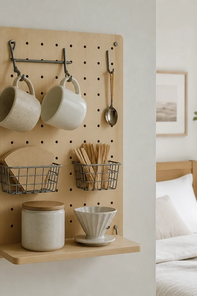 A light wood pegboard mounted on a bedroom wall. Metal hooks hold a mug rack and a spoon. Two small wire bins store filters and stirrers. A small shelf on the pegboard holds a ceramic canister and a pour-over dripper.