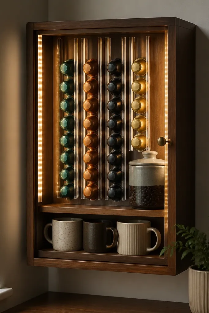 A small glass-front cabinet on a wall. Inside are clear pod rails arranged vertically, with a row of mugs on a small shelf. A ceramic jar of coffee beans sits in the back. The cabinet has warm LED strips along the sides.