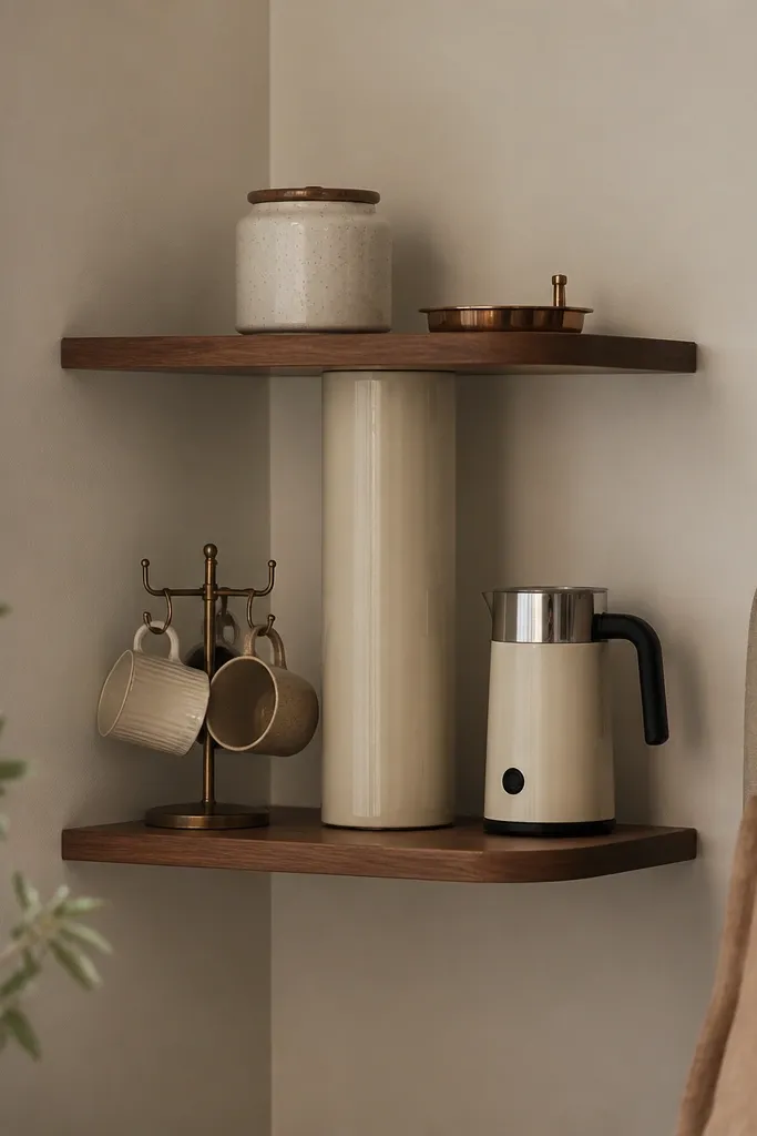 A two-tier wall shelf set in a small bedroom corner. The top tier holds a ceramic canister and a small brass tray. The bottom tier holds a mug rack and a compact milk frother. A tall vertical canister stands in the middle like a column.