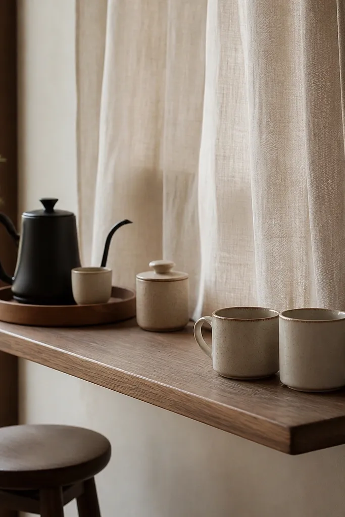 A coffee ledge on a wall with a thin linen curtain hung behind it. The curtain falls softly behind a small tray holding a kettle and cups. Two mugs rest on the ledge, and a small ceramic jar sits in front of the curtain.