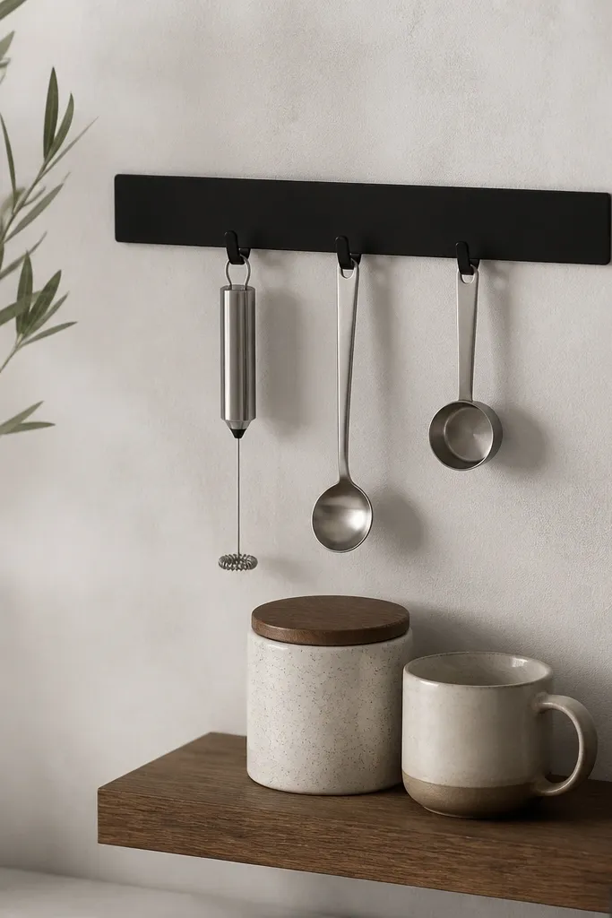 A black magnetic strip mounted on a wall near a small coffee setup. Tiny metal hooks hold a milk frother whisk, a spoon, and a measuring scoop. A small shelf below holds a ceramic canister and a mug.