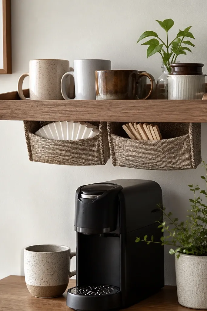 A shelf mounted above a small coffee machine area. On the underside of the shelf, two fabric bins hang for filters and stir sticks. On top of the shelf, a single open tray holds mugs and a small jar.