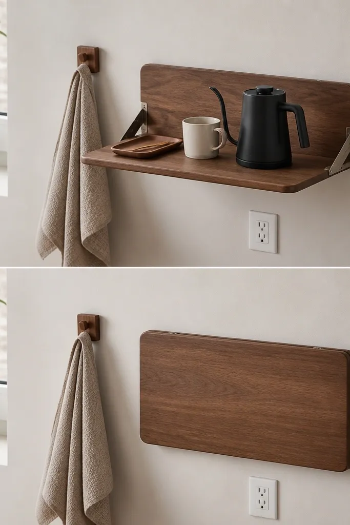 A fold-down wall shelf mounted above a small wall outlet. When open, it holds a kettle, a mug, and a slim tray. When closed, the shelf folds flat like a small desk. A small wall hook holds a towel beside it.