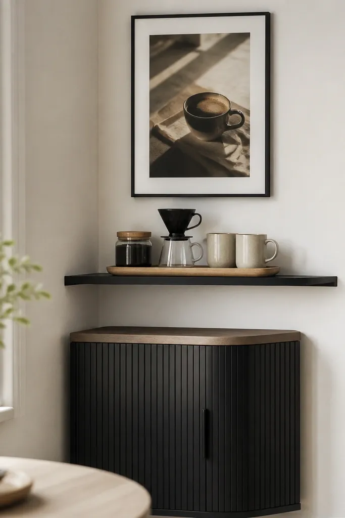 A small corner wall unit with a gallery shelf. A coffee print in a thin black frame sits above. On the shelf is a mini tray holding a small jar, a pour-over dripper, and two mugs.