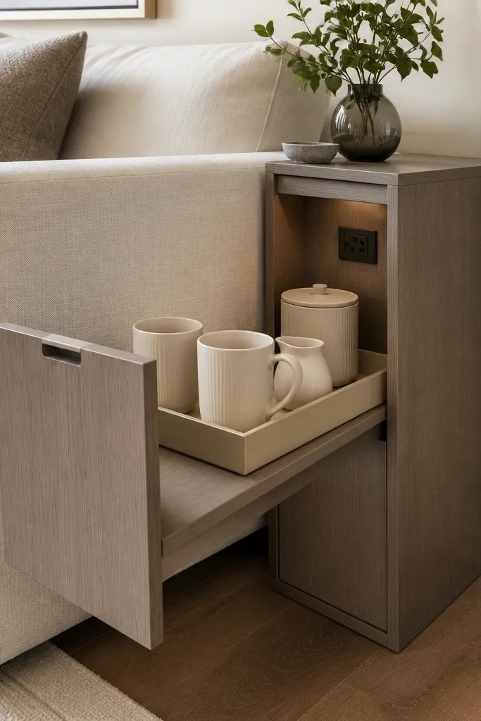 A narrow pull-out drawer unit next to a sofa. The drawer is closed most of the time. When pulled out, it reveals a tray with cups, a small creamer pitcher, and a canister. A small outlet sits above.