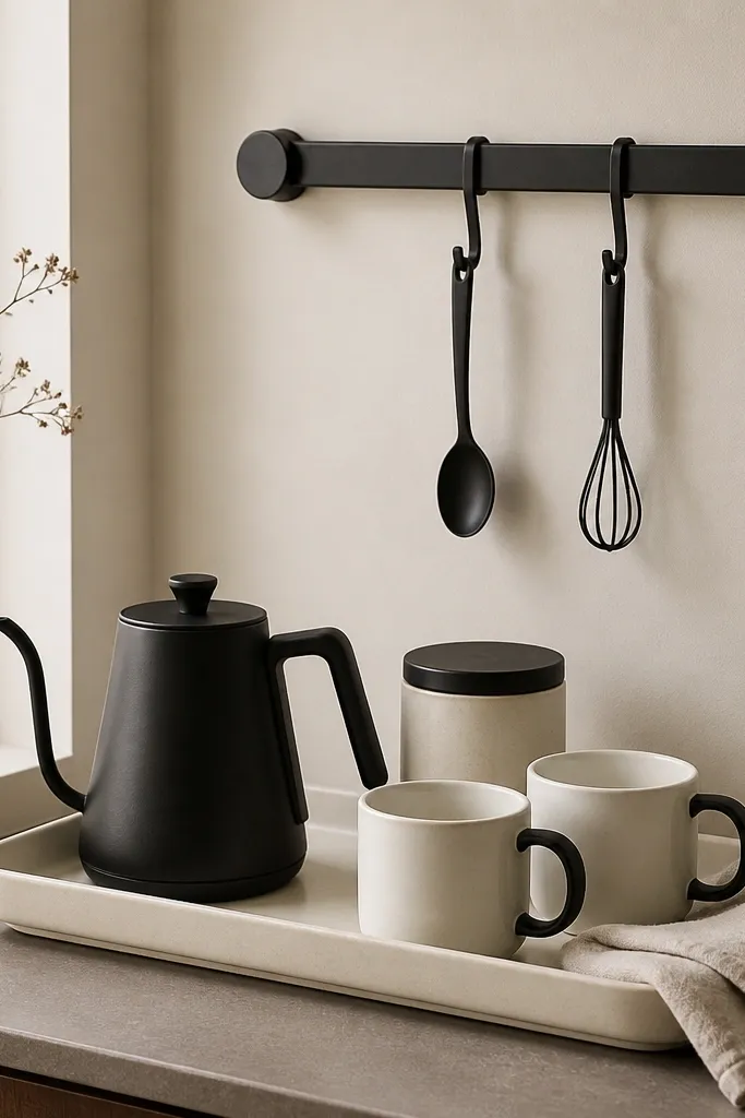 A small corner setup with a matte black wall rail mounted above a cream ceramic tray. Two matte black hooks hold a slim spoon and a small whisk. On the tray sit a black gooseneck kettle, a cream canister with a black lid, and two matching white mugs with black handles. A folded linen towel in oatmeal color rests at the tray edge.