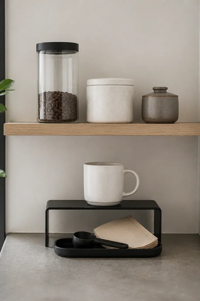 A floating light oak shelf over a narrow counter corner. Three canisters sit in a row: one tall clear glass with a black lid, one short ceramic in off-white, and one small stoneware jar in warm gray. A single white mug rests centered on a thin black riser. Under the shelf, a small black tray holds a scoop and a folded paper filter pack.