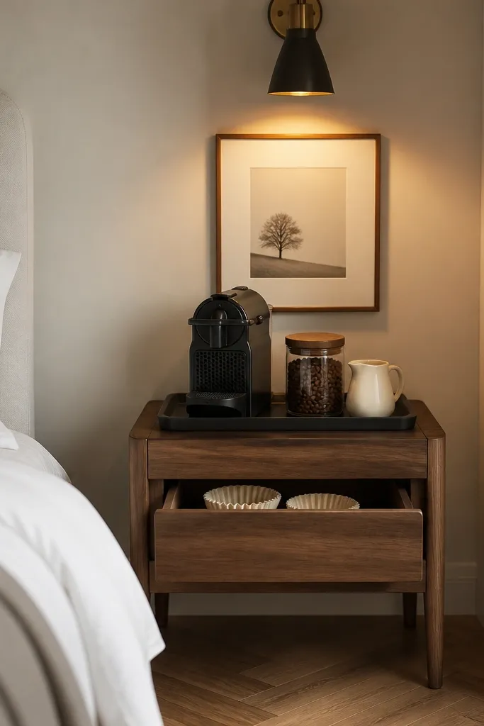 A walnut-finish side table tucked into a bedroom corner. The top has a slim black tray with a small espresso machine, a glass jar of beans with a walnut lid, and a ceramic creamer. The drawer is slightly open showing neatly stacked paper filters. Above, a simple wall sconce casts warm light on a single framed print.