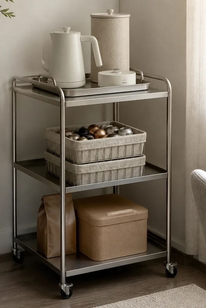 A small rolling bar cart in brushed steel placed in a corner. On the top shelf sits a rolling tray with a matte white kettle, a tall linen-wrapped canister, and a small ceramic cup warmer. The middle shelf has two stackable linen-lined baskets for pods and stir sticks. The bottom shelf holds a bag of beans in a closed kraft container.