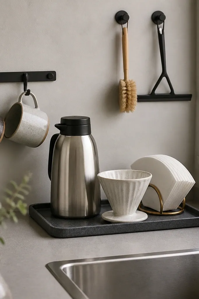 A coffee corner on a counter near a sink. A dark gray, slightly textured tray sits between the wall and the sink edge. On the tray are a stainless steel thermos, a small ceramic pour-over dripper, and a ring of neatly arranged paper filters. Behind it, a wall-mounted peg holds a dish brush and a small squeegee. Two mugs hang from a lower hook rack.