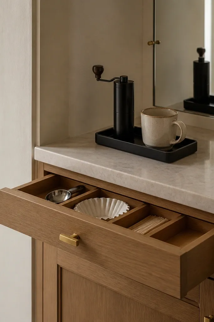 A built-in corner cabinet with a shallow drawer. The counter surface holds only a small black tray with a grinder and one ceramic mug. The scoop, filters, and stir sticks are tucked inside the drawer organizer. The drawer front has a simple brass pull. A small mirror panel behind reflects the tray.