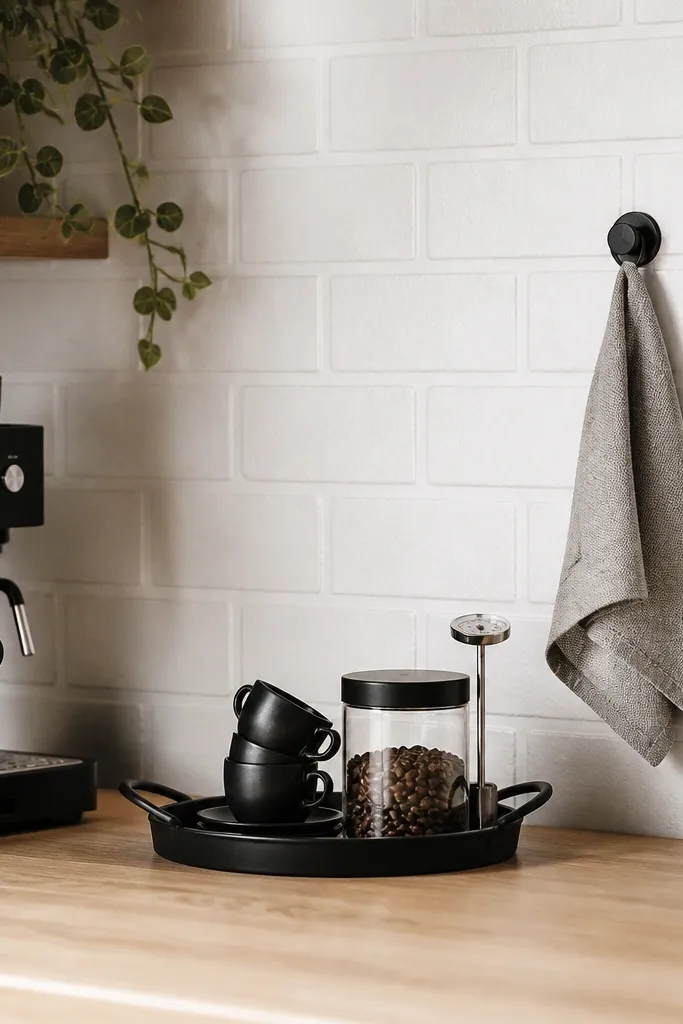 A corner coffee bar against a peel-and-stick white brick backsplash. A black metal tray holds a black espresso cup set, a small jar of beans with a black lid, and a slim barista thermometer. Two black wall hooks hold a towel and a small spoon. The counter is a light wood tone, clean and uncluttered.