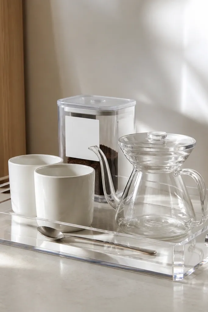 A clear acrylic tray sits on a light countertop in a bedroom corner. On the tray are two ice-white mugs, a clear glass pour-over kettle, and a slim stainless spoon. Behind them is a transparent container with a white label. The lighting reflects off the acrylic edges, making the corner feel airy.