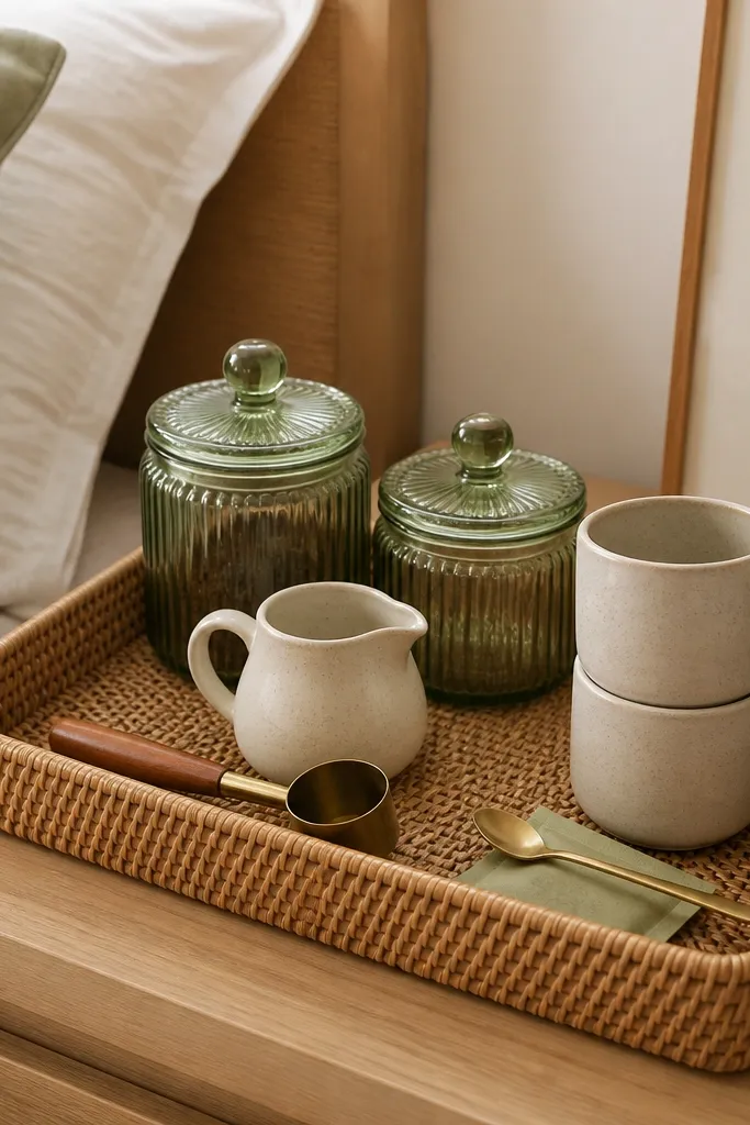 A rattan tray in a bedroom corner. On it sit two sage-green glass canisters with matching lids, a small stoneware creamer in cream, and a wooden-handled coffee scoop. Two mugs are stacked neatly on the right side of the tray. A thin gold spoon rests beside a small packet of sweetener.