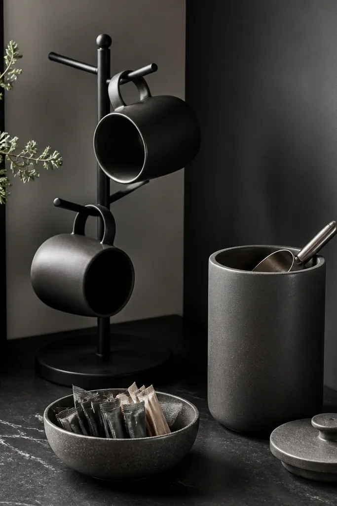 A monochrome setup in a corner with a matte black mug stand holding two mugs. The counter holds a low stoneware bowl filled with sugar packets and a tall stoneware canister with a matching lid. Everything is in charcoal gray and matte black. A small stainless scoop rests in the canister opening.