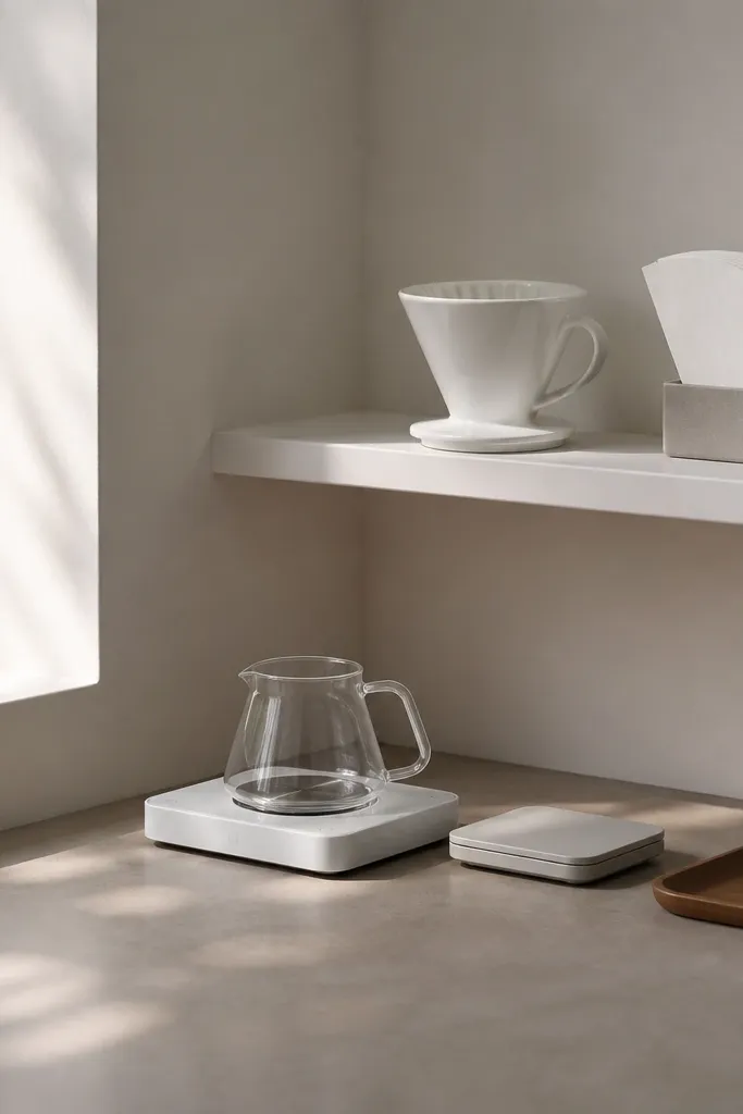 A low-profile pour-over coffee station in a corner. A white wall shelf holds a dripper and a stack of filters. On the counter sits a slim white base with a glass carafe, a small scale, and a single wooden tray. The whole setup stays under 6 inches tall except the filter stack.