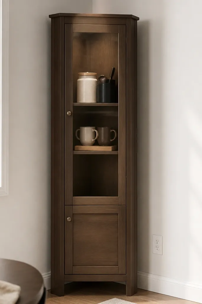 A narrow corner cabinet with a glass door. Inside, one shelf displays coffee items: a white canister, a black scoop container, and two mugs on a small riser. The rest of the cabinet is empty or has closed storage bins. The cabinet sits against a light wall, and a small wall outlet is visible near the side.