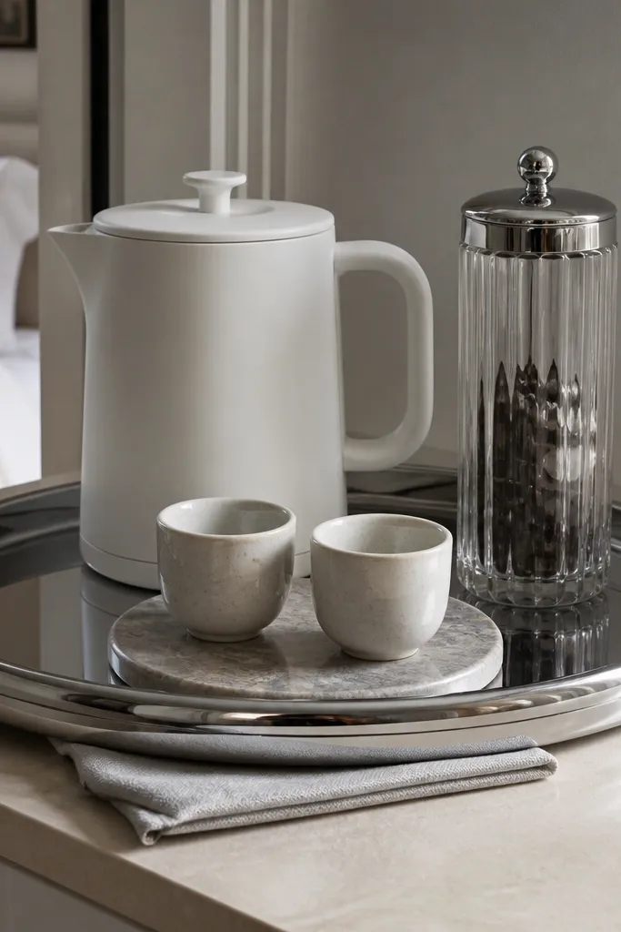 A chrome tray on a light countertop in a bedroom corner. A matte white kettle sits at the back-left. A tall clear canister with a chrome lid stands at the back-right. Two small espresso cups rest on a round coaster in the front center. A folded microfiber cloth is tucked under the tray lip.