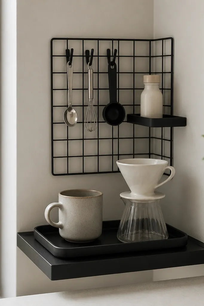 A small black floating shelf in a corner with a micro-grid organizer panel. On the grid are hooks holding a small spoon, a mini whisk, and a coffee scoop. A tiny shelf holds a travel-size creamer bottle. Below, a thin black tray sits on the counter with a single mug and a pour-over cone.