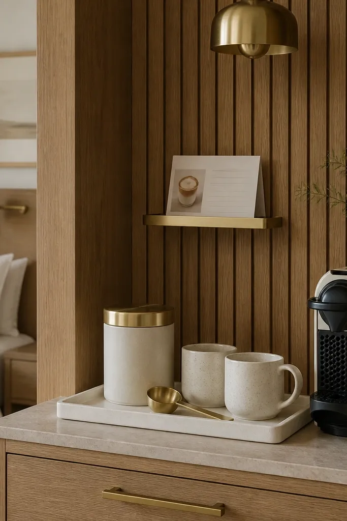 A bedroom corner coffee station against an oak slat back panel. A cream ceramic tray sits on the counter with a brass-handled scoop, a cream canister with a brass lid, and two cream mugs with subtle speckle glaze. A small brass picture ledge holds a folded recipe card for a favorite drink. The overall palette is warm oak, cream, and brass.