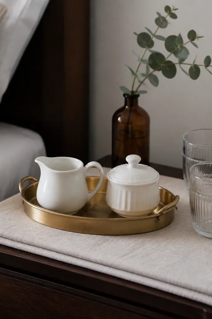 A bedroom nightstand corner with a light beige linen runner folded neatly at the front, a warm brass tray centered, a white ceramic creamer and sugar bowl inside the tray, and two clear glass mugs on the right. A small amber glass bottle with a single eucalyptus stem sits behind the tray.