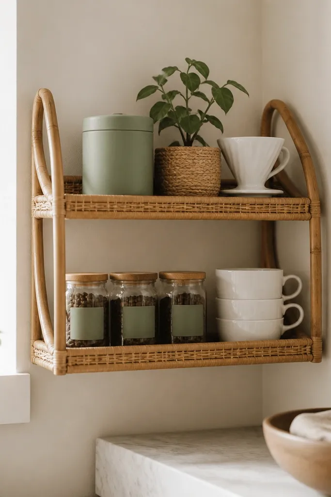 A corner wall has a small two-tier rattan shelf. The top tier holds a matte sage ceramic canister, a small plant in a woven pot, and a white pour-over dripper. The bottom tier holds three matching glass jars with sage labels and a stack of white cups.