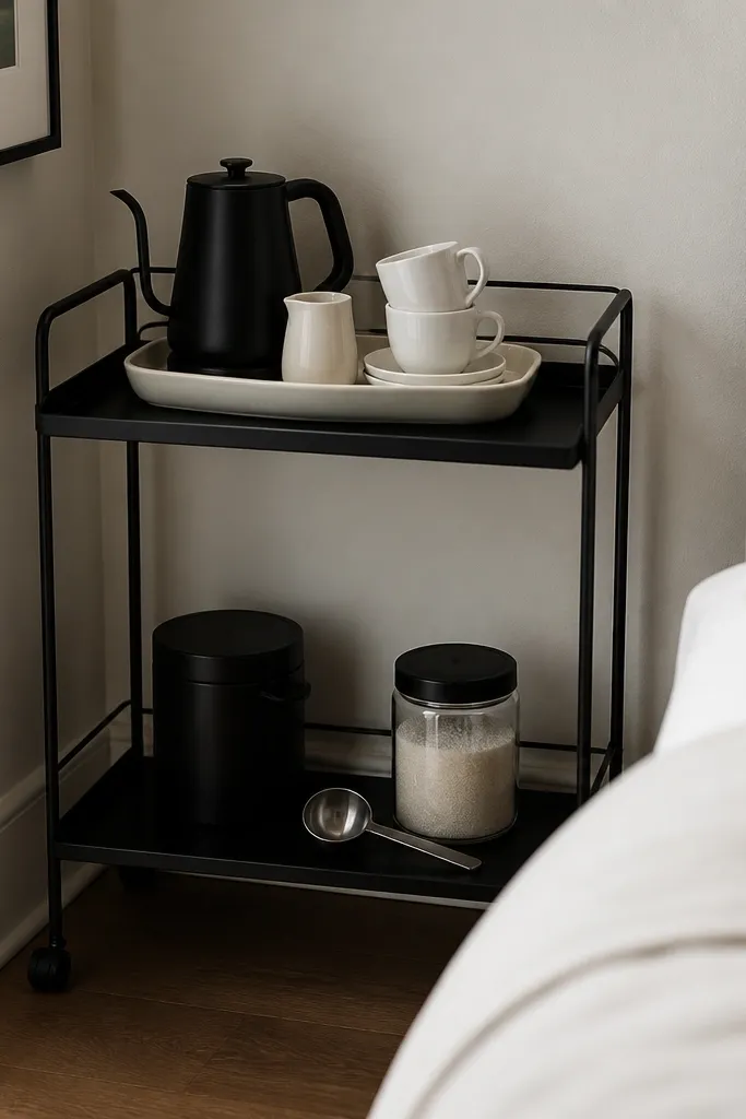 A thin black metal bar cart is pushed into a corner of the bedroom. The top shelf has a white ceramic tray with a kettle, a small milk pitcher, and a stack of white espresso cups. The lower shelf holds a black coffee canister, a chrome scoop, and a clear jar of sugar with a black lid.