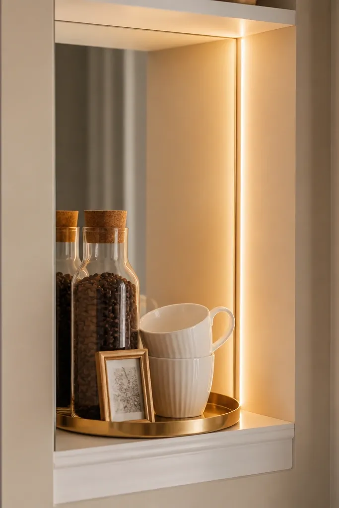 A small recessed wall niche in the corner has a mirrored back. On the shelf sits a gold-rimmed tray, a glass bottle of coffee beans, a white mug stack, and a tiny framed print. Soft warm light from a plug-in LED strip runs along the inside edges.