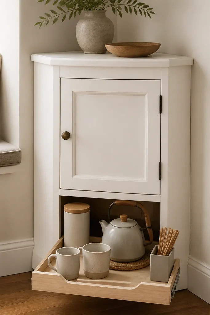 A small corner cabinet has a lower pull-out tray drawer. When open, it shows a neat layout: a slim canister for coffee, a small kettle on a trivet, two mugs, and a row of stir sticks in a narrow container. The closed door is painted soft white.