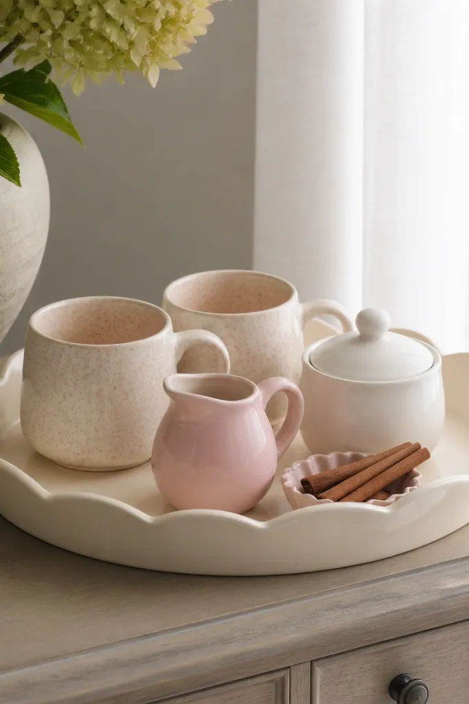 A scalloped-edge cream tray sits on a dresser corner. Inside are two mugs with a subtle blush speckle, a small pink ceramic creamer, a white sugar bowl, and a tiny dish with cinnamon sticks. A sheer curtain in the background softens the light.