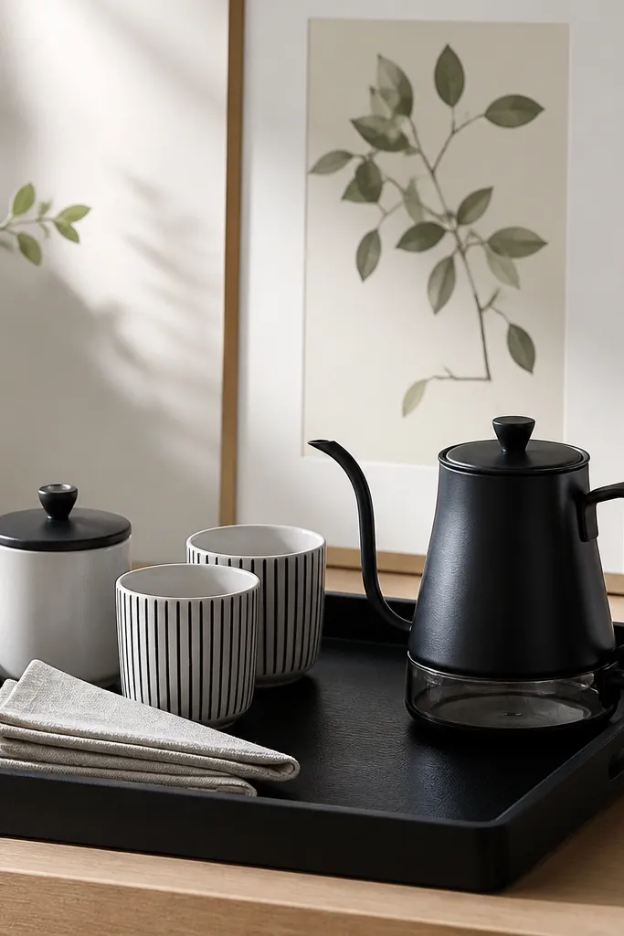 A black tray on a light wood desk holds a black glass pour-over kettle, two black-and-white striped cups, a white sugar jar with a black lid, and a small stack of napkins folded in triangles. Behind it is a simple framed botanical print.