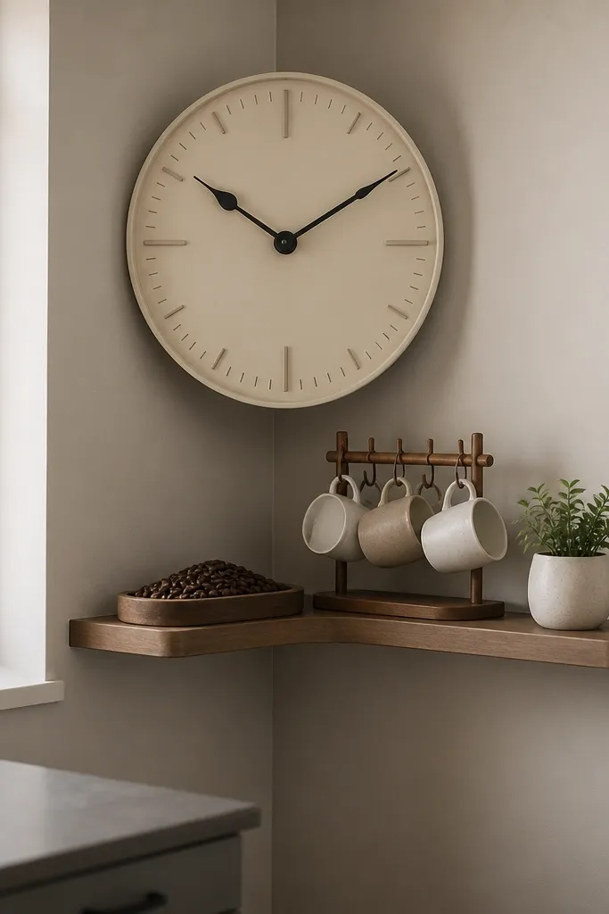 A corner wall has a large cream wall clock. Below it, a narrow floating shelf holds a tray with coffee beans, a small ceramic mug rack, and a tiny plant. The shelf is about 10 inches deep and runs only across the corner.