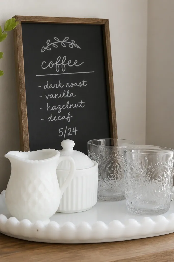 A corner coffee setup has a milk glass tray with a scalloped edge. On it sits a milk glass creamer, a white sugar bowl, and two clear mugs. A small blackboard sign leans against a wall behind the tray with handwritten chalk text listing coffee options and a date.