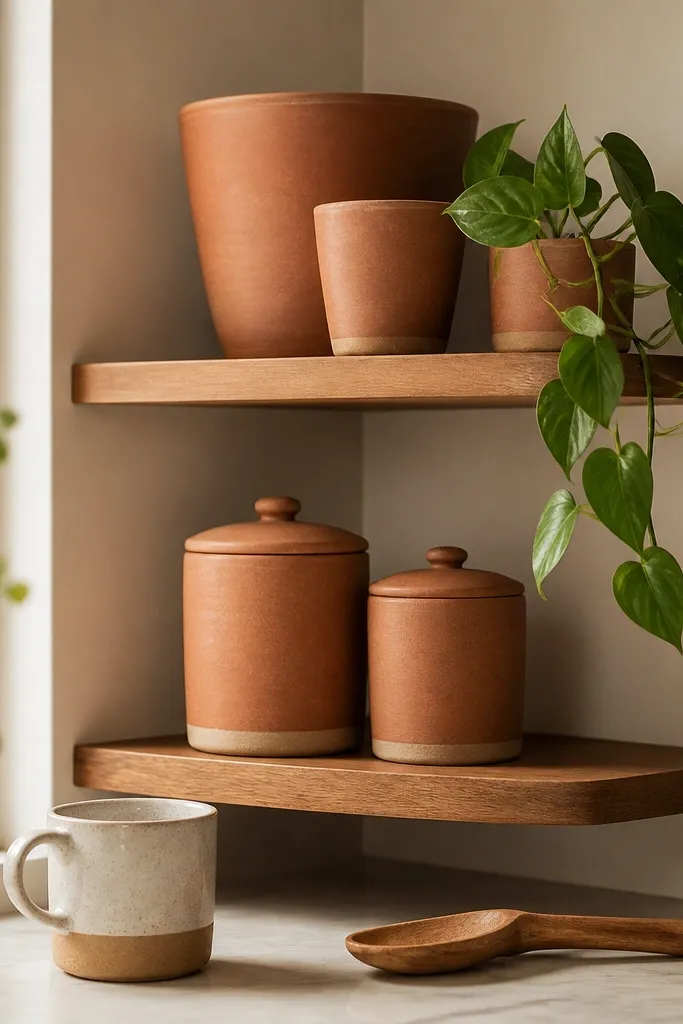 A corner shelf displays terracotta planters in different sizes. One small planter holds a trailing pothos. Nearby are two matching clay canisters for coffee and tea, plus a wooden spoon rest and a ceramic mug with a speckled glaze.