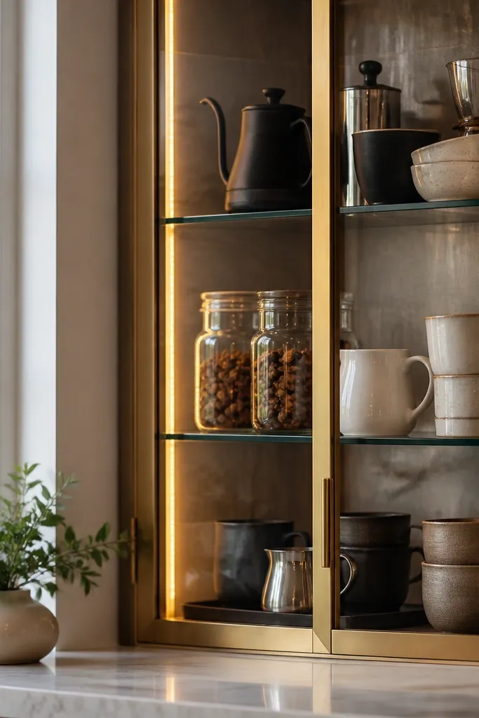 A corner cabinet with glass doors shows coffee items inside. On the middle shelf are clear jars with amber contents, a white ceramic milk pitcher, and stacked cups. A warm LED strip runs along the inside edge, and the cabinet frame is brushed brass.