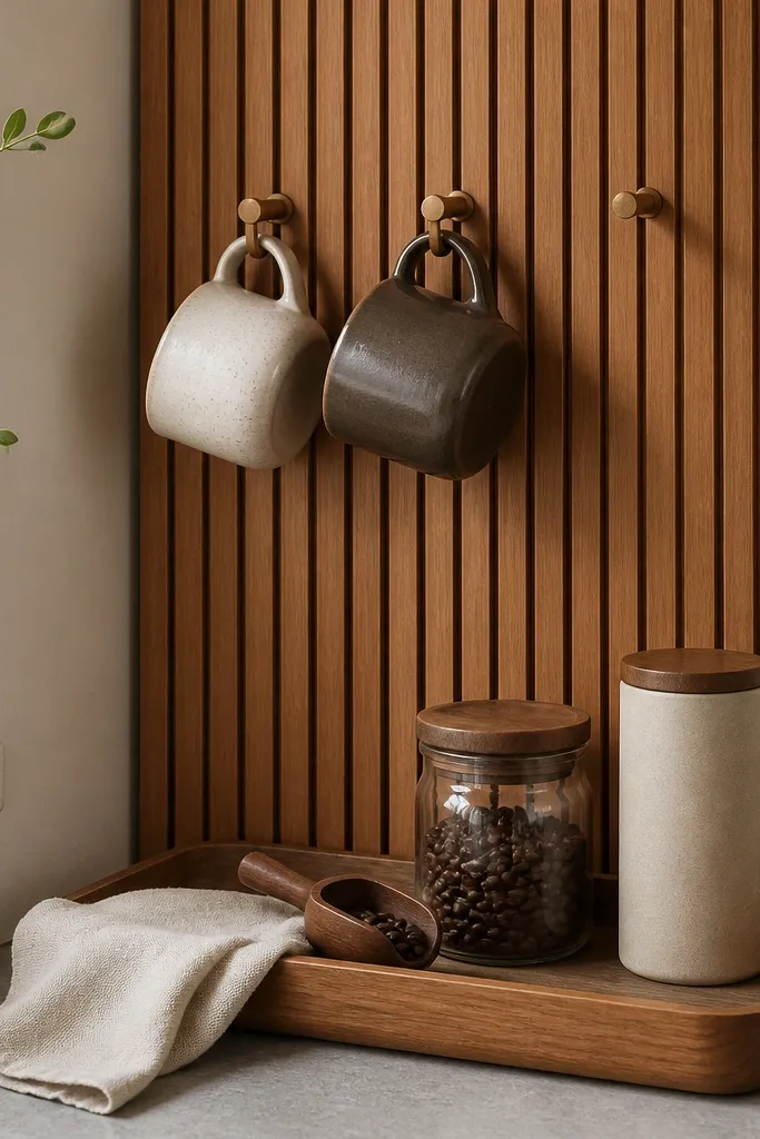 A corner has a vertical wood slat board with three small hooks. Two mugs hang on the hooks. Below, a wooden tray holds a coffee scoop, a small jar of beans, and a slim canister for sugar. A small linen cloth is draped over one side.