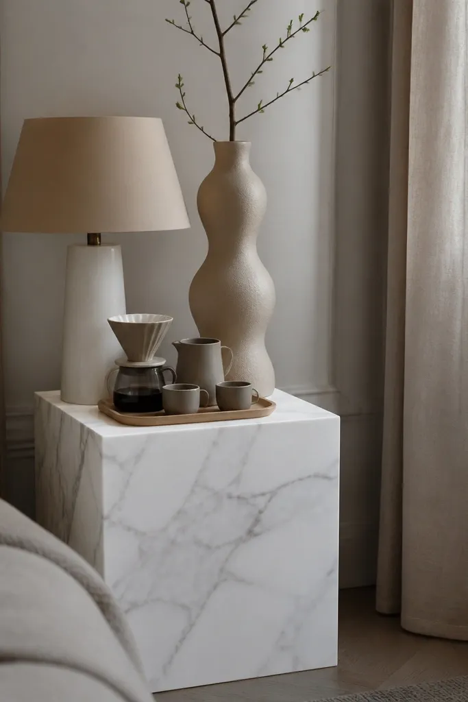 A white marble-look plinth in a bedroom corner holds a tall sculptural ceramic vase. In front of it, a small tray holds a pour-over dripper, a milk pitcher, and two cups. The plinth is about knee height and matches a white lamp base.