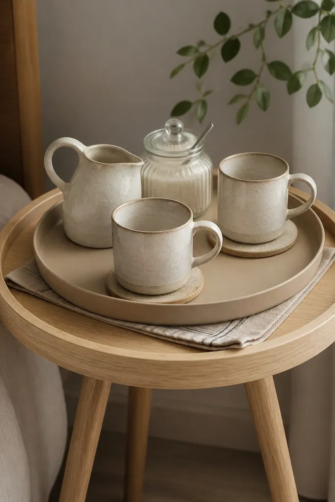 A small round tray table sits in a bedroom corner. A light wood tray table holds a beige tray, two matching coasters, a ceramic creamer, a glass sugar jar, and two cups. A folded napkin with a subtle stripe sits under the tray.